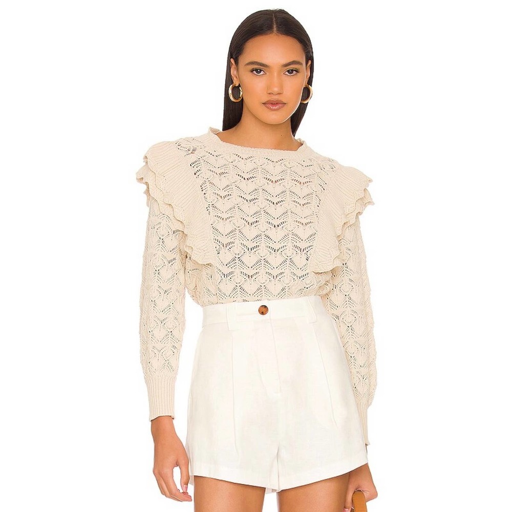 LINE + DOT Diane Sweater Womens Large Cream Crochet Ruffle Shoulder Round Neck - Picture 2 of 15